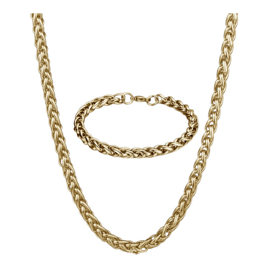 Men's Gold Stainless Steel Necklace & Bracelet Set
